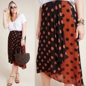 Maeve Oksana Anthropologie Polka Dot Midi Skirt - Black and Rust